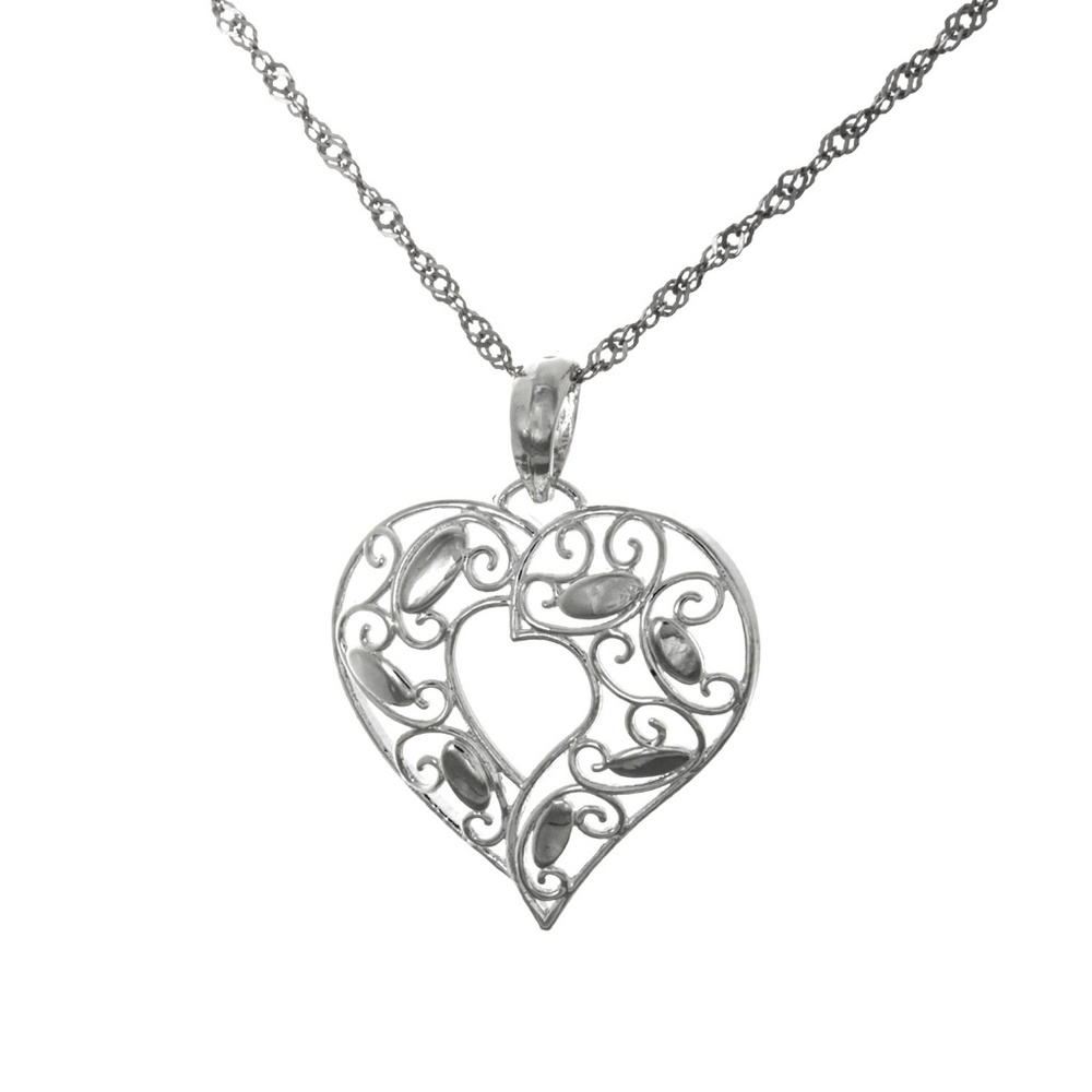 925 Sterling Silver Love Anniversary Filigree Heart Charm Pendant Necklace